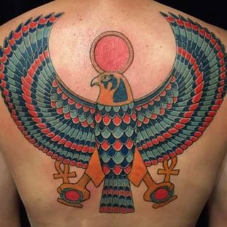 Old school style designed multicolored big Egypt eagle tattoo on back