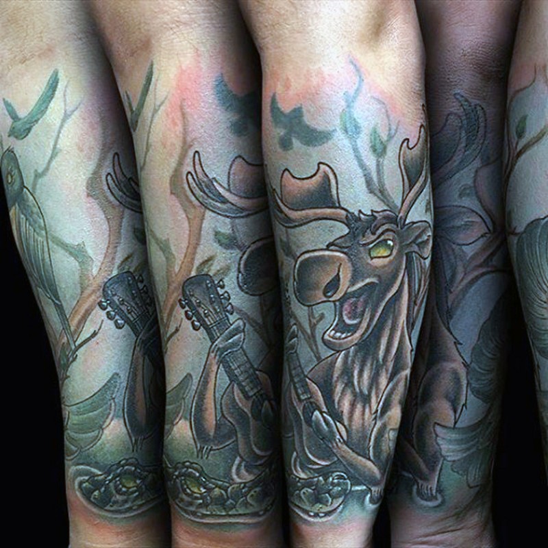 Old school style forearm tattoo of funny elk playing the guitar