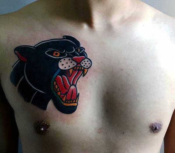 Old school style furious black panther tattoo on man&quots chest