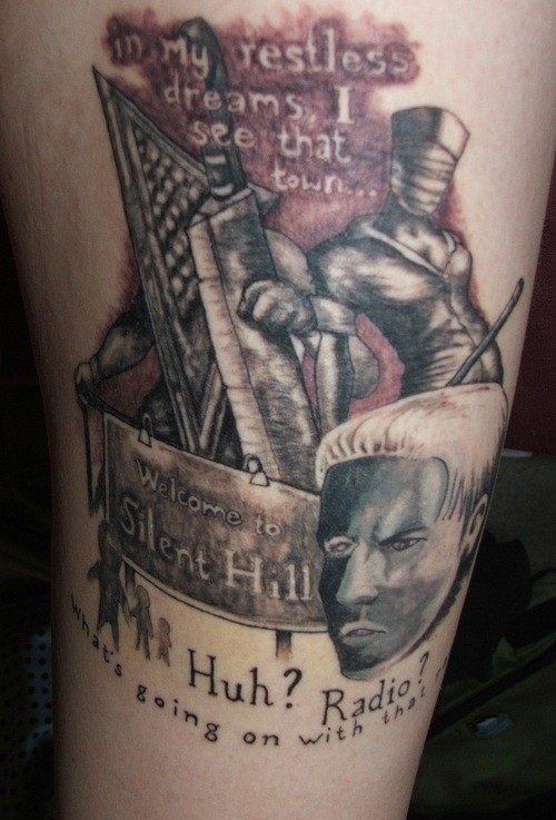 Old school style great designed and colored Silent Hill themed tattoo with lettering