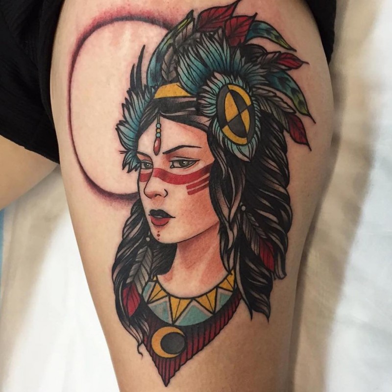 Old school style impressive colored beautiful tribal woman portrait tattoo on thigh