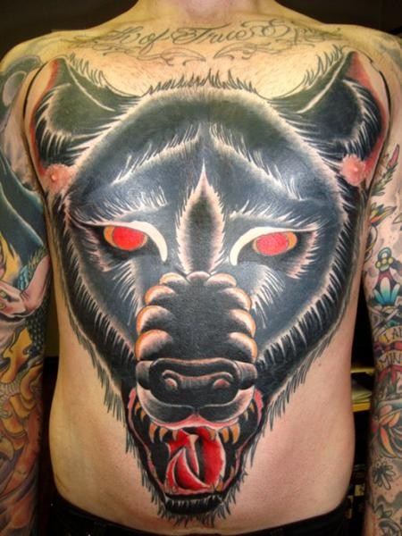 Old school style large colored whole chest tattoo of demonic dog face