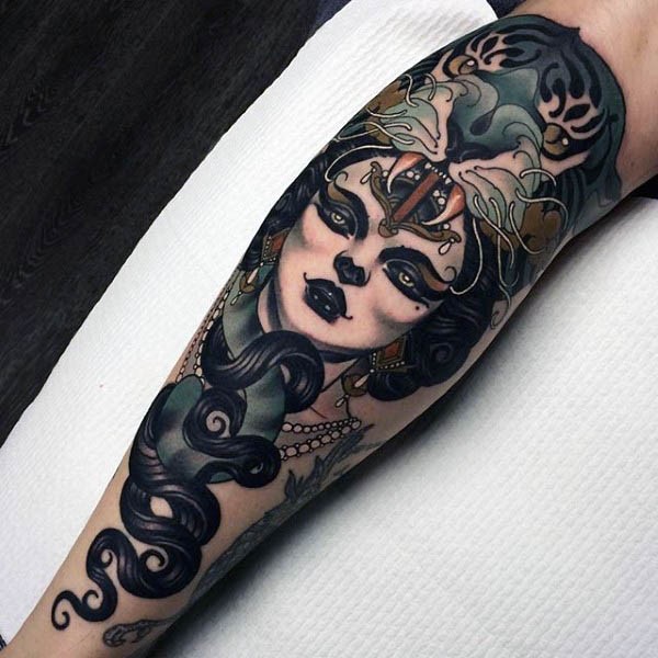 Old school style massive colorful sleeve tattoo of mystical witch with tiger shaped helmet