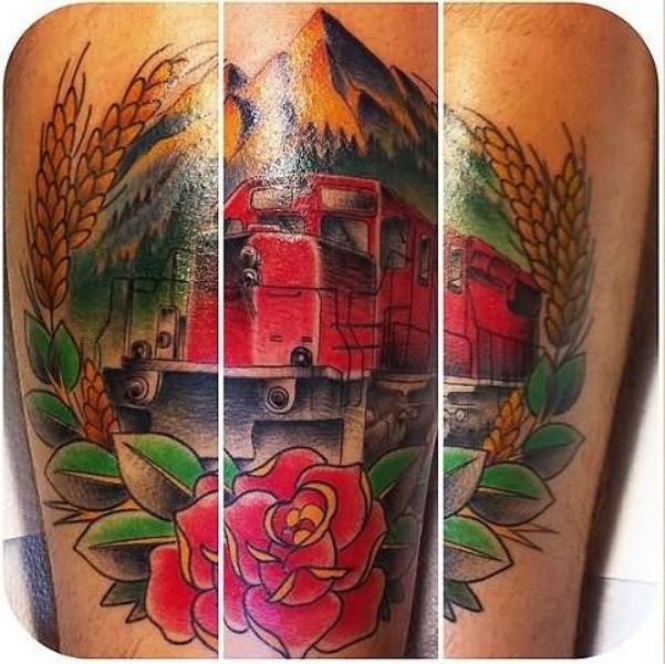 Old school style memorial colored modern train with rose