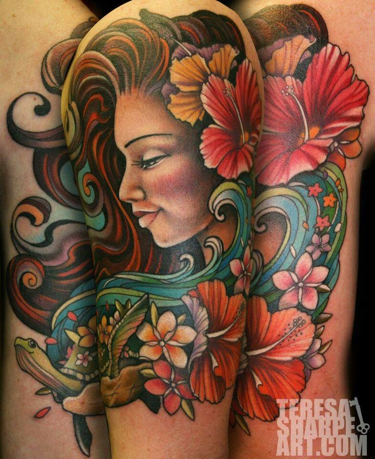 Old school style multicolored beautiful woman portrait tattoo stylized with various flowers