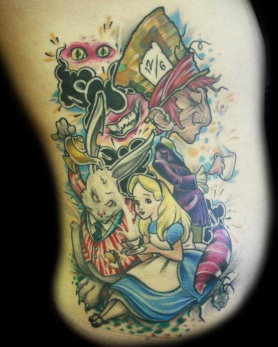 Old school style multicolored big side tattoo of various Alice in wonderland heroes