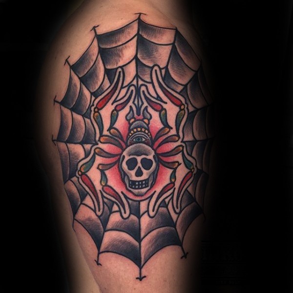 Old school style mystical spider stylized with human skull and web tattoo on shoulder