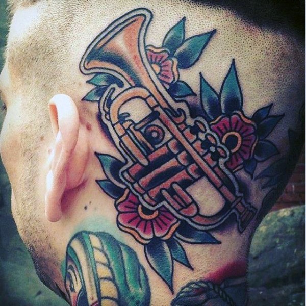 Old school style painted big trumpet with flowers tattoo on head