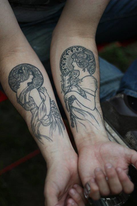 Old school style painted black and white little women tattoo on arms