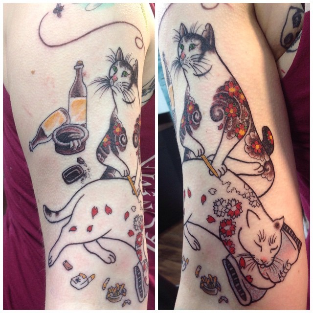 Old school style painted by horitomo Manmon cats tattoo on arm