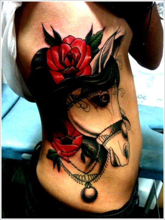 Old school style sweet designed horse tattoo on side with red flower