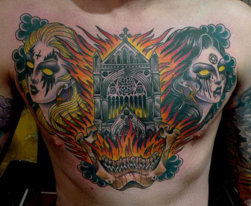 Old school style terrifying colored demon woman face with burning cathedral tattoo