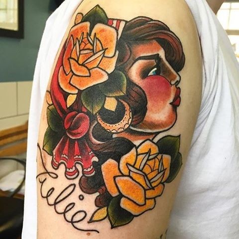 Old school style traditional pretty Gypsy woman and roses shoulder tattoo with lettering