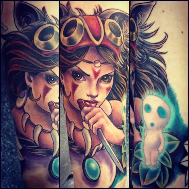 Old school style very detailed colored mystical woman portrait tattoo with ghost
