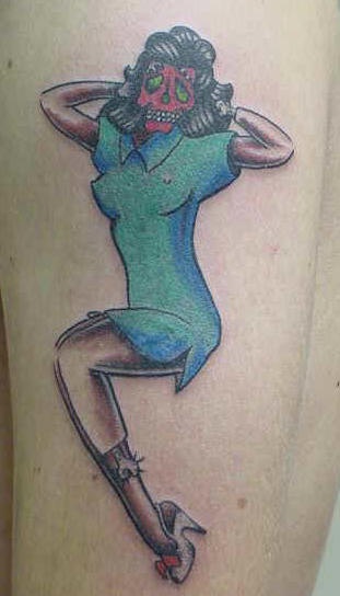 Old school tattoo of lady in mask with one leg