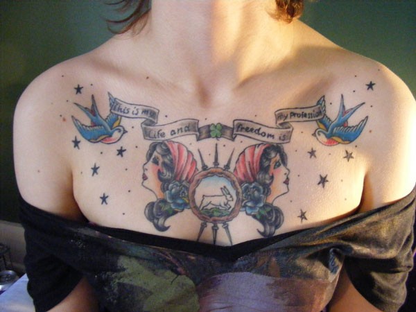 Old school tattoo on chest for girls