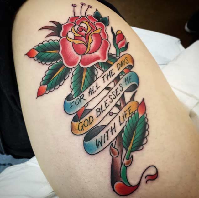 Old school traditional red rose flower tattoo with religious banner lettering