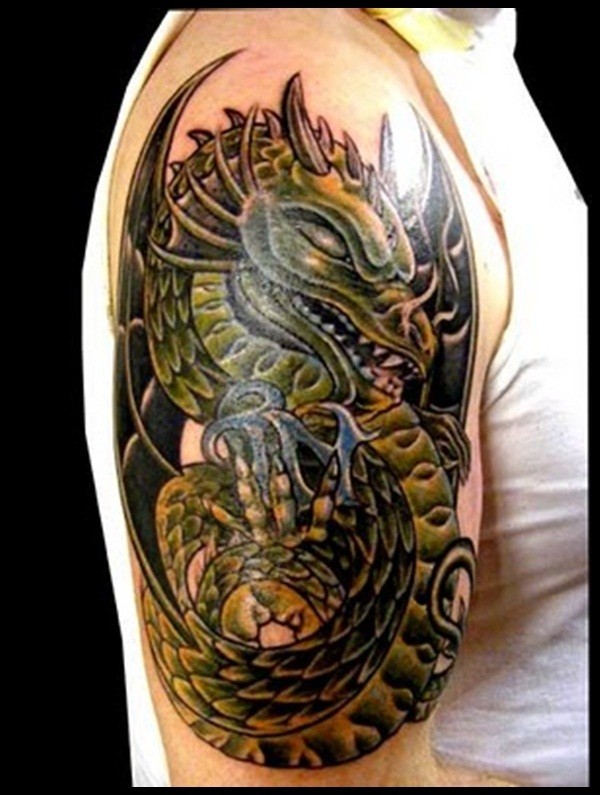 Old school very detailed looking shoulder tattoo of colored cartoon dragon