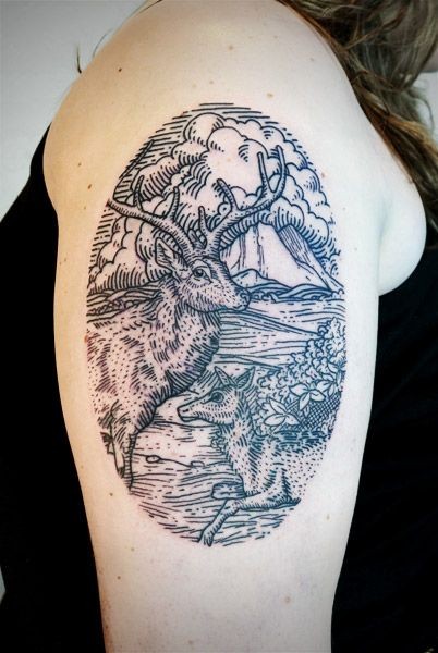 Old school vintage style black ink shoulder tattoo on wild life deers and flowers