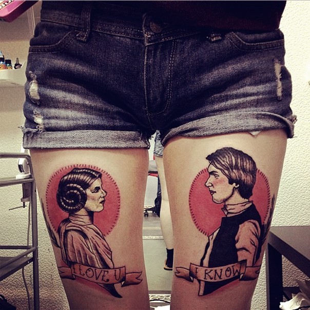 Tatuajes en los muslos, 
Han Solo and Leia Organa  con frases te amo, yo sé, estilo vintage