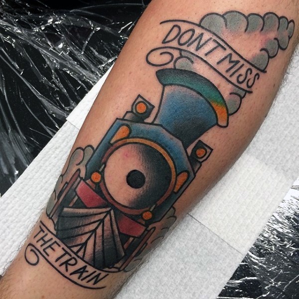Old style cartoon like colored steam train with nice banner lettering tattoo