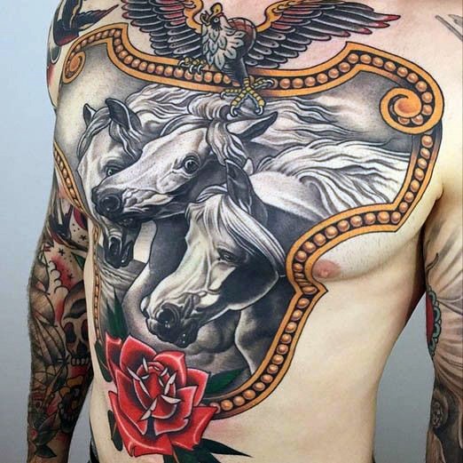 Old style colored giant 3D realistic three horses in frame tattoo with rose and eagle