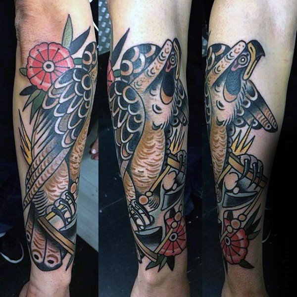 Old style painted and colored big eagle with flowers tattoo on leg