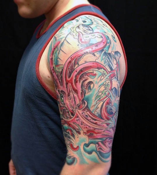 Old style painted colored squid tattoo on half sleeve zone