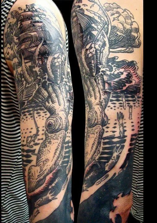 Old style painted massive ocean beast attacking the ship tattoo on sleeve