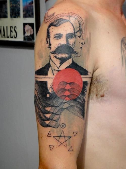 Old style painted mystical man portrait tattoo on shoulder