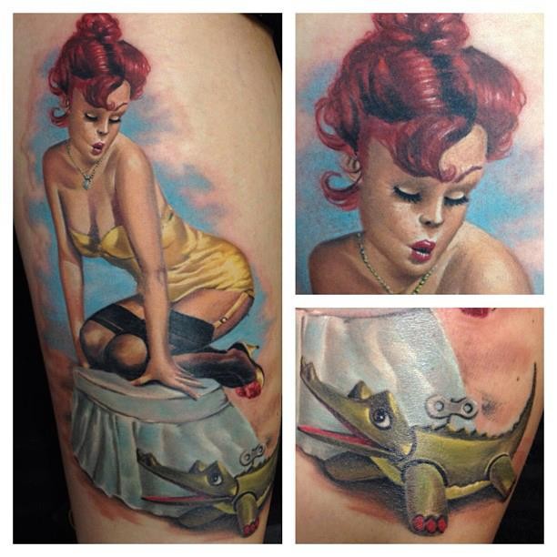 Old style painted vintage sexy woman tattoo with alligator toy ton thigh
