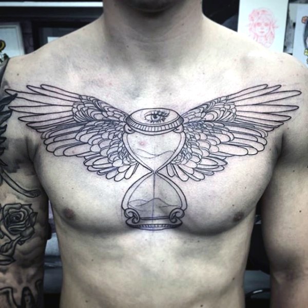 Old style sand glass designed with feather wings and eye detailed chest tattoo
