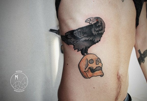 Old style traditional colored black crow on human skull side tattoo