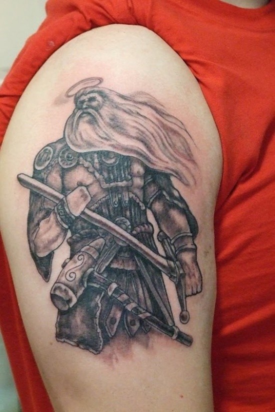 Old warrior deity with a sword tattoo on shoulder