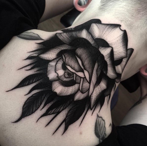 Olf school style painted black ink rose flower tattoo on neck