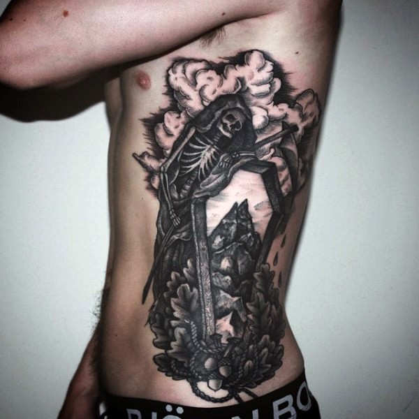 Opened coffin with great view and inviting Grim reaper black and white tattoo on side