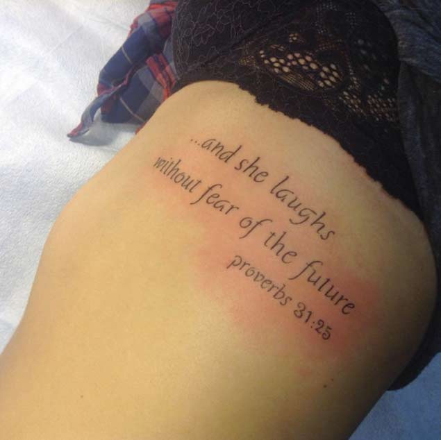 Optimistic religious themed lettering of proverb tattoo