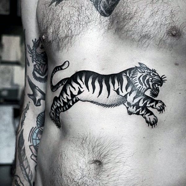 Oriental style black and white detailed jumping tiger big size tattoo on belly