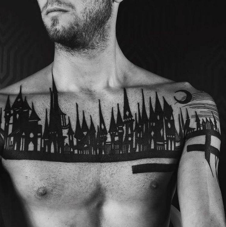Original black ink chest tattoo of night city sights with moon