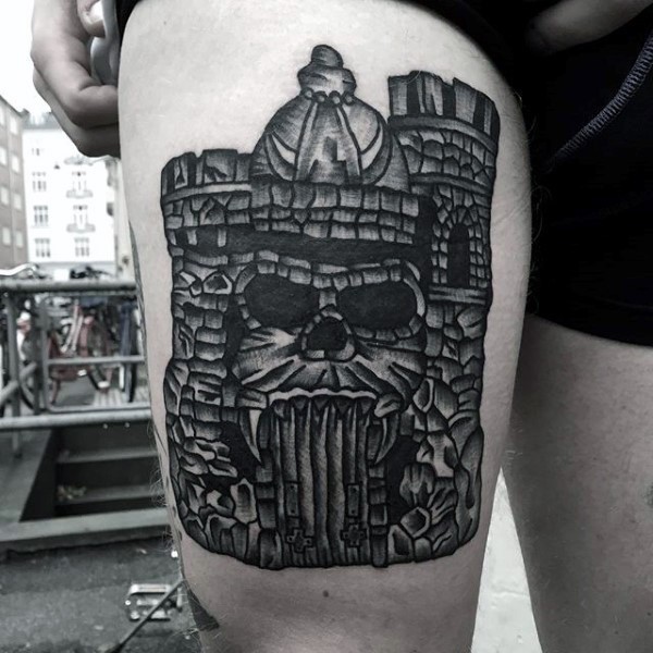 Original black ink mystic castle tattoo on thigh