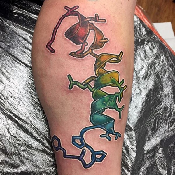 Originales cartoonisches farbiges DNS Tattoo am Bein