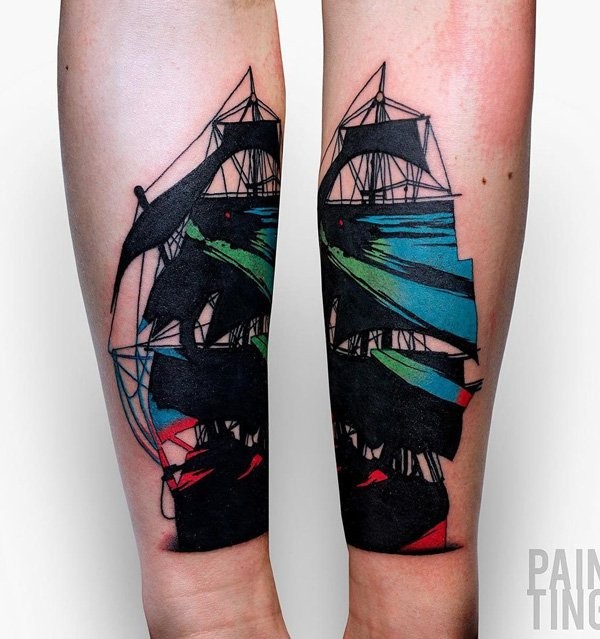 Original colored arm tattoo of big sailing ship