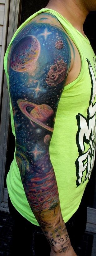 Original colored massive solar system tattoo on shoulder