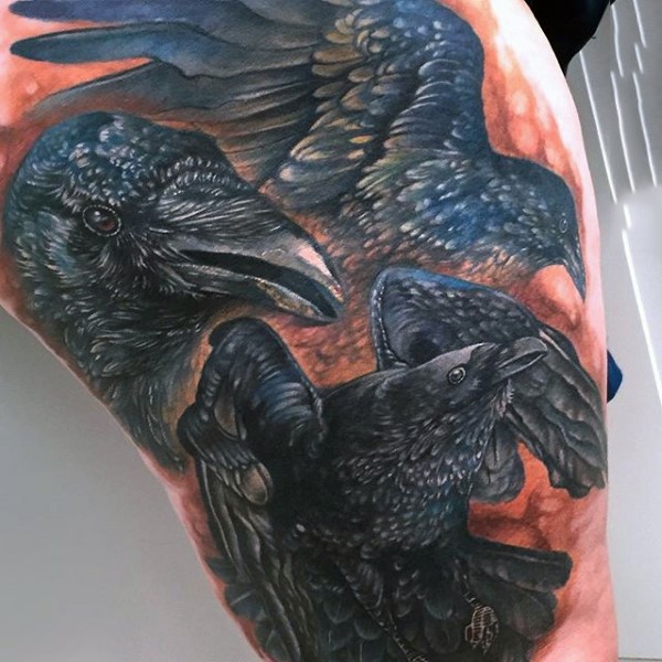 Original combined and detailed colored various crows tattoo on thigh