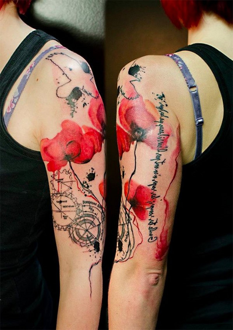 Original combined big black and white red flowers with mechanism tattoo on arm