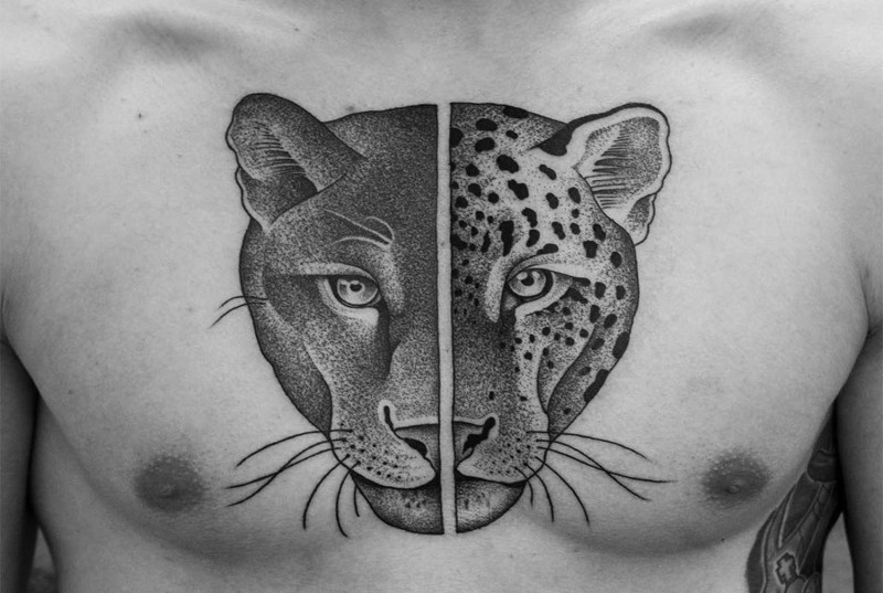 Original combined black ink detailed chest tattoo of half lion half leopard portrait