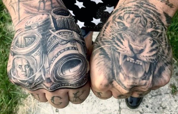 Original combined black ink tiger with money bills tattoo on hands