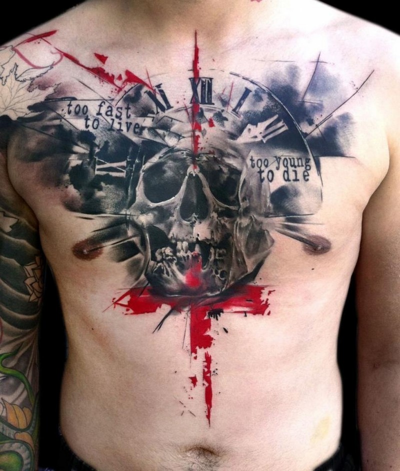 Original combined colored bloody skull with clock and lettering tattoo on chest