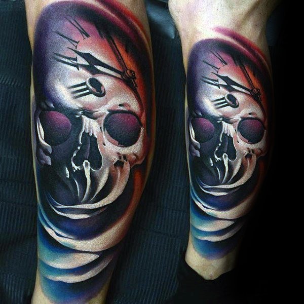 Original combined colored leg tattoo of human skull with clock