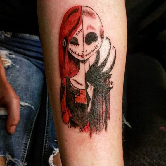 Original combined colorful Nightmare before Christmas couple tattoo on forearm zone